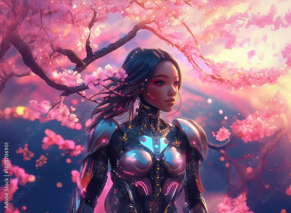 A woman with long black hair and glowing eyes stands beneath a blossoming cherry tree, wearing a futuristic metallic suit. A woman with long black hair and glowing eyes stands beneath a blossoming cherry tree, wearing a futuristic metallic suit.