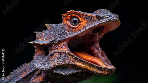 A close-up of an orange and black frilled lizard with its mouth open, showing its teeth. photo