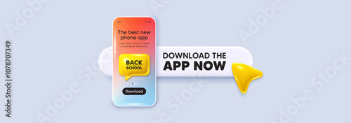 Back to school tag. Download the app now. Phone mockup screen. Education offer. End of vacation slogan. Phone download app search bar. Back to school text message. Vector