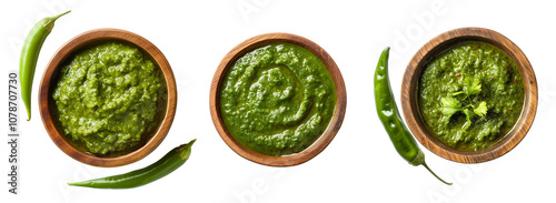 Set of green chili chutney sauce in wooden bowls, flat lay, isolated against a transparent png background