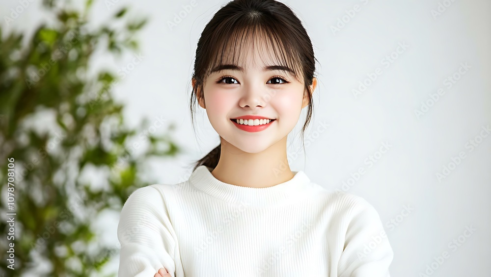 Cheerful young woman smiling brightly in a cozy indoor setting with greenery Cheerful young woman smiling brightly in a cozy indoor setting with greenery