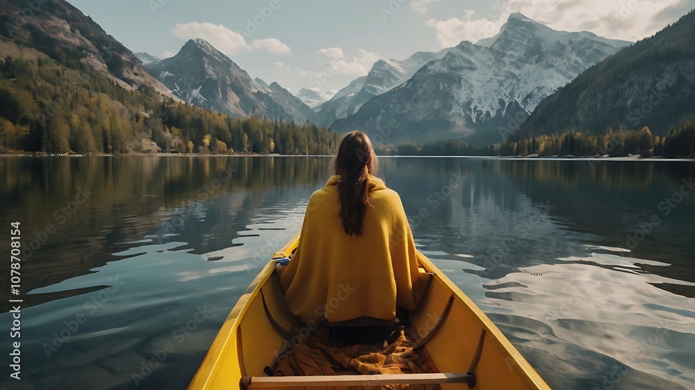 Woman in a yellow blanket rows a canoe on a tranquil lake surrounded by mountains. Woman in a yellow blanket rows a canoe on a tranquil lake surrounded by mountains.