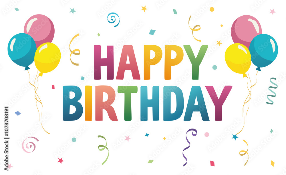 Lettering happy birthday in big colored letters with balls and streamer postcard illustration Lettering happy birthday in big colored letters with balls and streamer postcard illustration