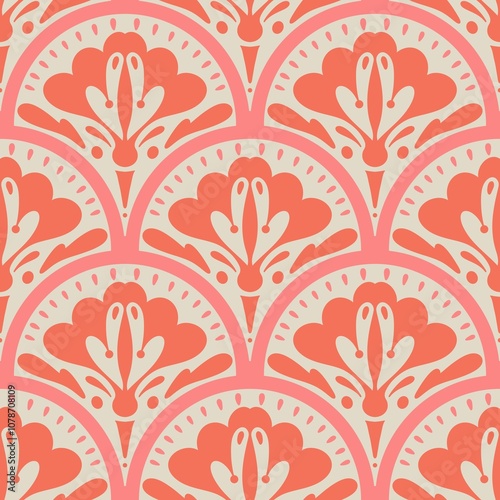 Scalloped floral seamless pattern. Hand drawn symmetrical flowers in calming orange and pink colors. Scallop half circle geometrical botanical ornament. Repeat allover backdrop 