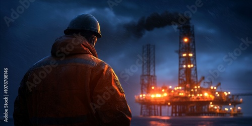 The oil worker with silhouette concept. A worker stands vigil at night, gazing at an illuminated oil rig silhouetted against a smoky sky, showcasing the energy industry's grit and challenges. photo