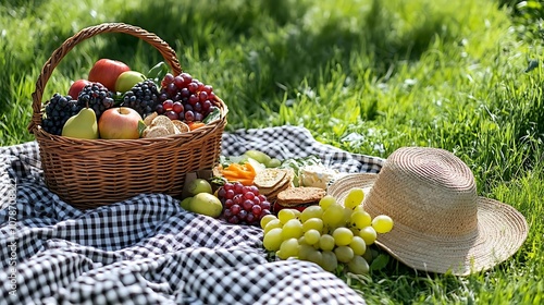 Picnic Basket with Fresh Fruit and Snacks on a Checkered Blanket - Photo