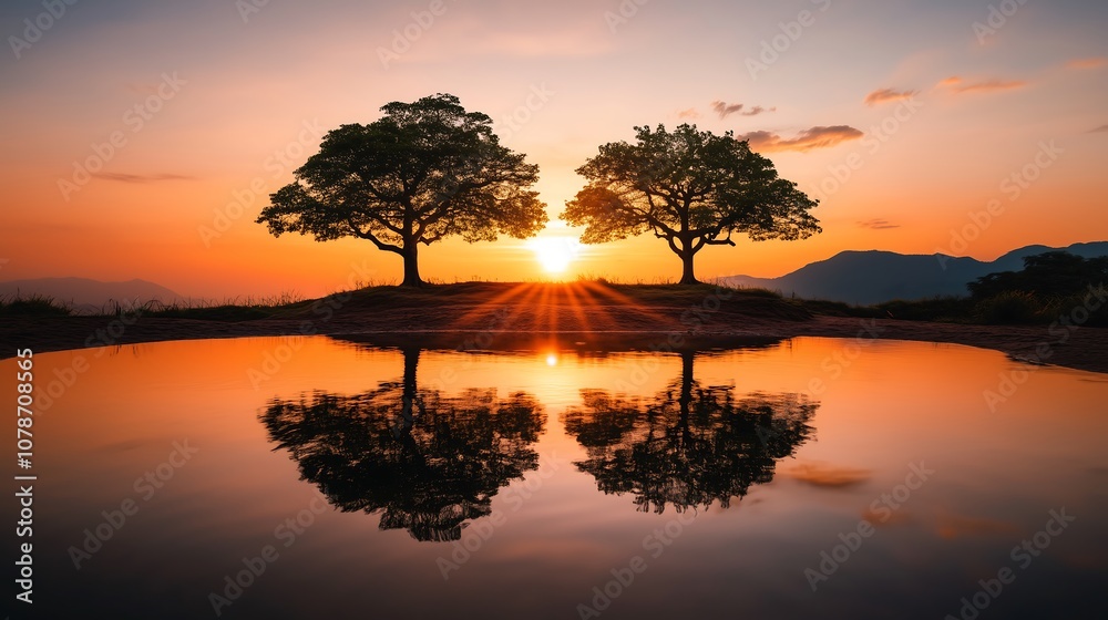 A serene sunset with an orange sky reflecting on the calm water. Ancient trees are scattered in the scene, adding to the tranquil atmosphere. A serene sunset with an orange sky reflecting on the calm water. Ancient trees are scattered in the scene, adding to the tranquil atmosphere.