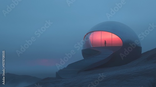 A futuristic dome-shaped building with a person standing in front of it