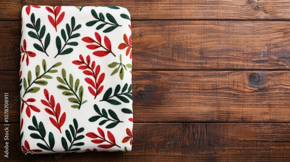 Obraz premium Christmas mockup preview, A cozy blanket with a floral pattern in red and green rests on a rustic wooden surface, evoking warmth and a seasonal feel.