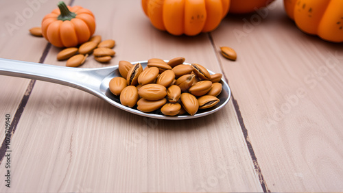 Pumpkin seeds in a dessertspoon on a wooden table photo