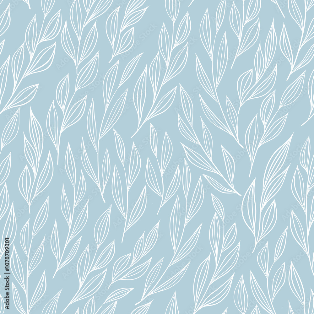 Naklejka premium Line art of white twigs and leaves, seamlessly arranged over a tranquil blue surface. Great for creative projects, web backgrounds, or fashion and textile design. 
