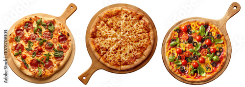 A set of different pizzas on wooden pizza peels, flat lay, isolated on a transparent background