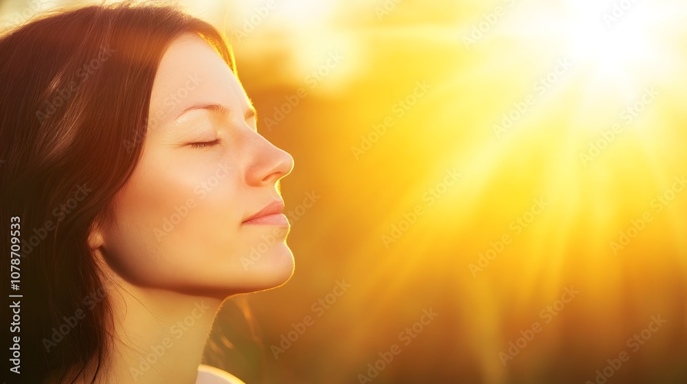 Young woman basking in warm golden sunlight with eyes closed. Young woman basking in warm golden sunlight with eyes closed.