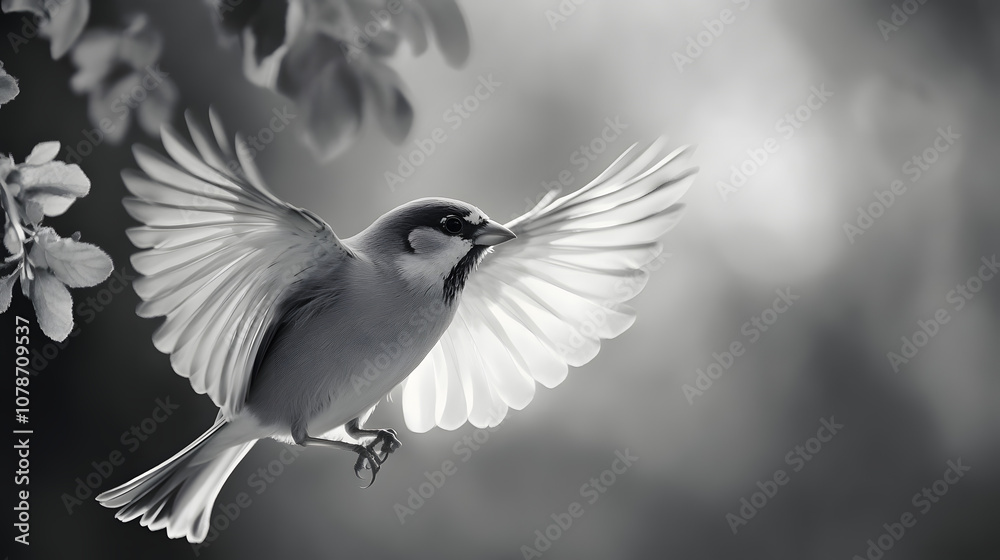 Fototapeta premium Playful House Sparrow Fluttering in Mid-Air Against a Bold Background - Eye-catching Wallpaper Concept