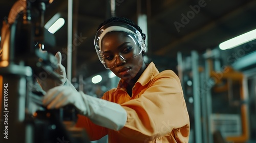 Focused Black female engineer working in a manufacturing plant.