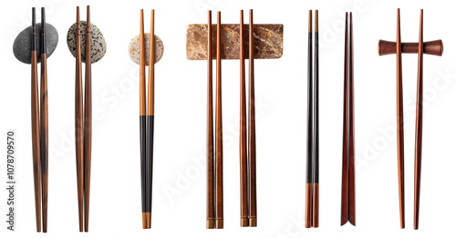 Set of chopsticks with rests and holder, flat lay, isolated on a transparent png background