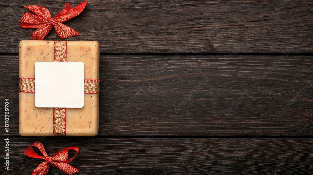 Christmas mockup preview, A beautifully wrapped gift box with a blank tag, adorned with red ribbons, set against a rustic wooden background. Christmas mockup preview, A beautifully wrapped gift box with a blank tag, adorned with red ribbons, set against a rustic wooden background.