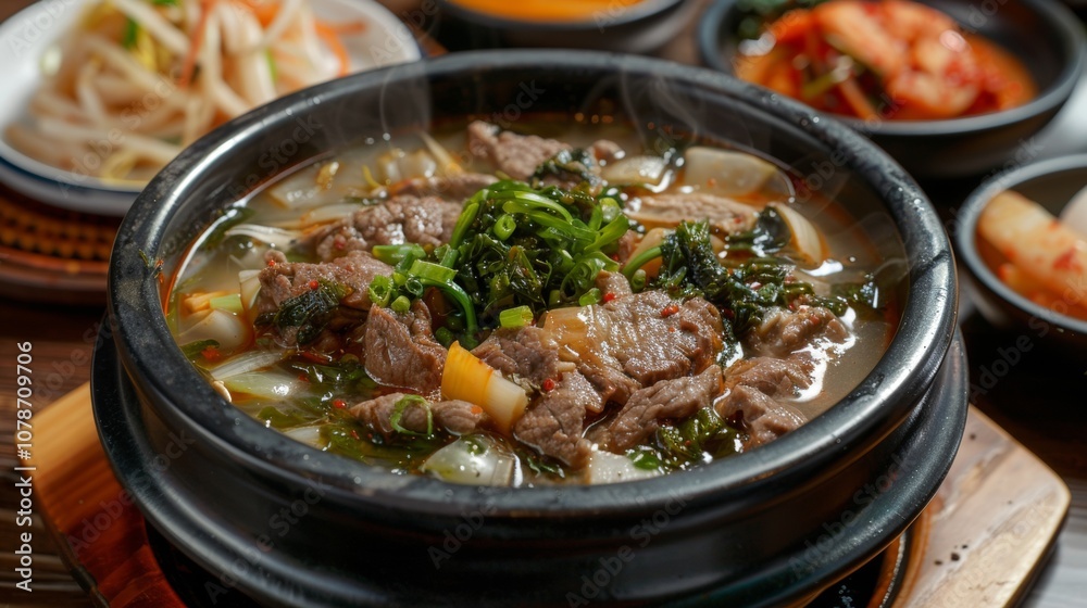 The national cuisine of North Korea. Kuksu is a soup with meat and vegetables. The national cuisine of North Korea. Kuksu is a soup with meat and vegetables.