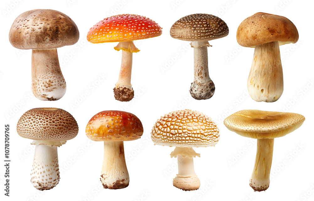 Set of different of wild mushrooms, isolated against a transparent background