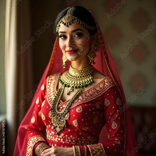 Indian bride in luxurious bridal costume with makeup and heavy jewellery sitting in a chair with classic vintage interior in studio lighting