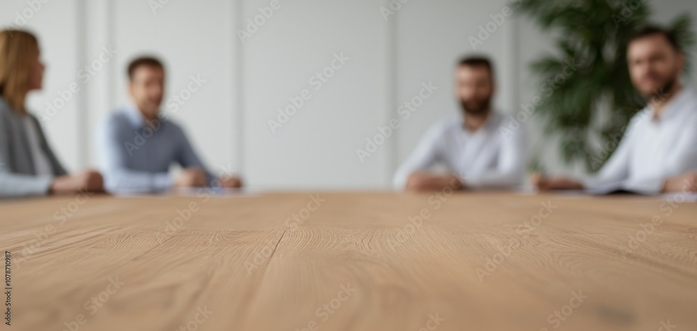 Fototapeta premium A blurred image of a meeting room featuring four individuals around a wooden table, with a plant in the background.