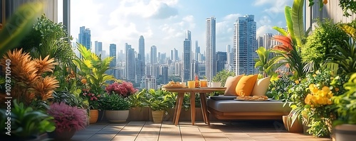 Urban Oasis Balcony Illustration - Cityscape View with Tropical Plants and Furniture