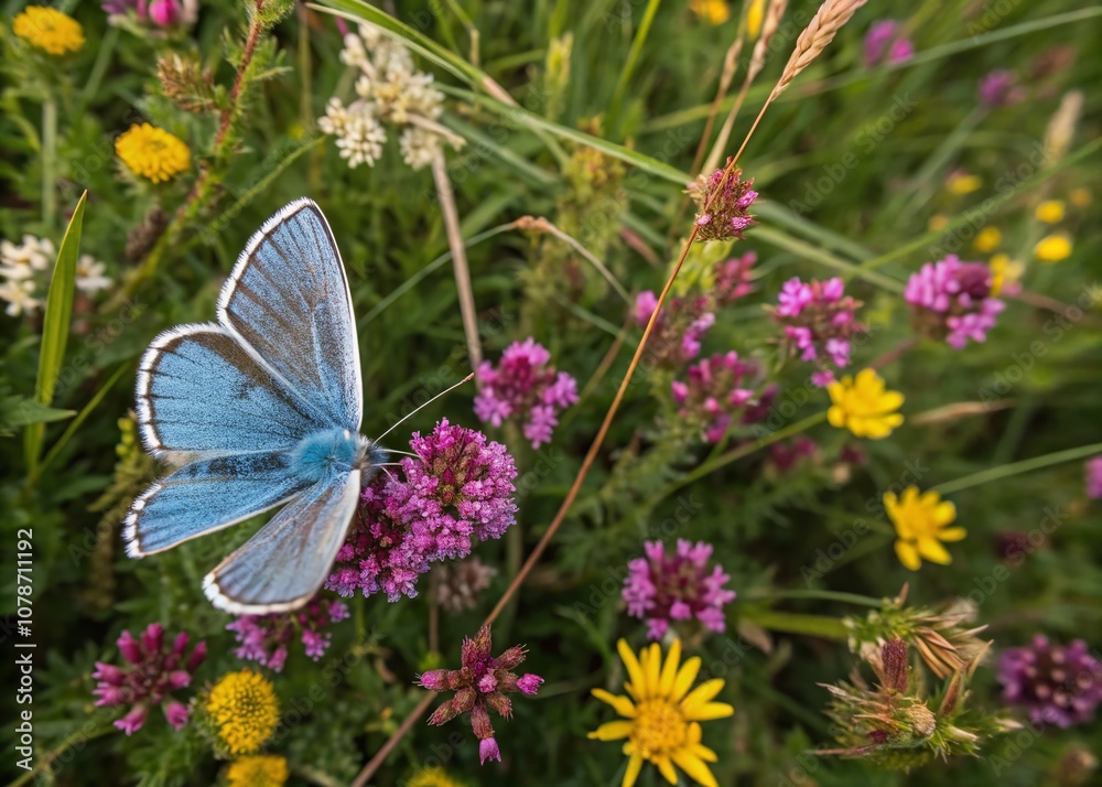 Captivating Drone Photography of the Wings of a Common Blue Butterfly Amidst Vibrant Wildflowers in a Natural Habitat Setting Captivating Drone Photography of the Wings of a Common Blue Butterfly Amidst Vibrant Wildflowers in a Natural Habitat Setting