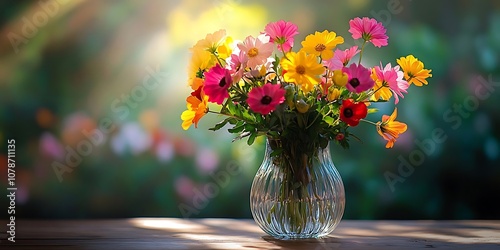 Colorful Bouquet of Flowers in a Glass Vase on Wooden Table - Photo