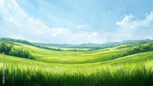 Lush green field under blue sky.