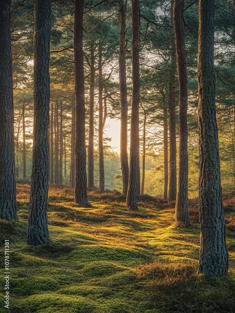 Obraz premium Sunrise Through Tall Trees In English Forest