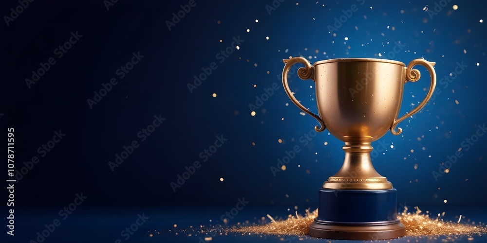 A bronze trophy cup with glitter falling around it against a navy blue background