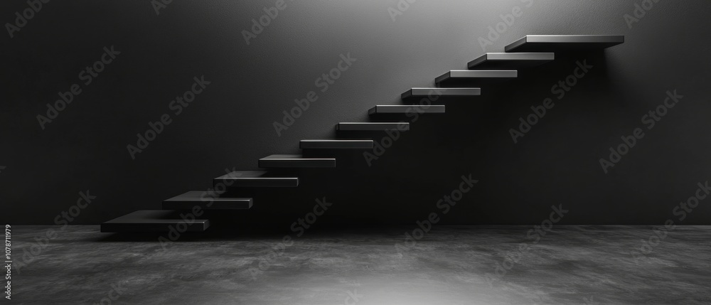 A black staircase is shown in a room with a dark background A black staircase is shown in a room with a dark background