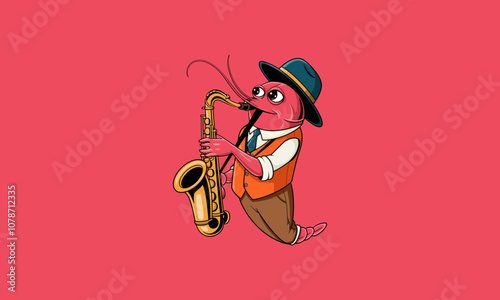 Jazz shrimp character playing saxophone with cool style