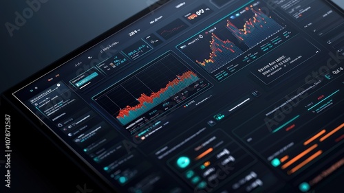 Inventory management order tracking concept. A high-tech dashboard displaying data visualizations, charts, and analytics on a sleek, dark interface, ideal for tracking performance metrics.