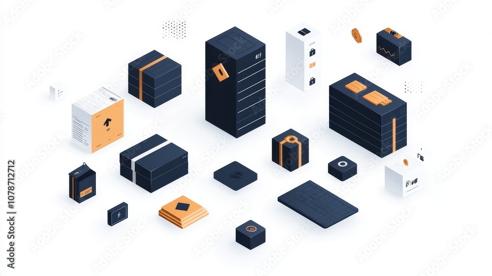 Inventory management order tracking concept. A collection of various stylized storage boxes and units in black and orange colors, arranged in an appealing layout. Inventory management order tracking concept. A collection of various stylized storage boxes and units in black and orange colors, arranged in an appealing layout.