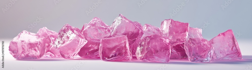 Pink ice cubes on a pink background. A pile of transparent, frozen rocks with sharp edges, a natural ice block
Pink ice cubes on a pink background. A pile of transparent, frozen rocks with sharp edges, a natural ice block