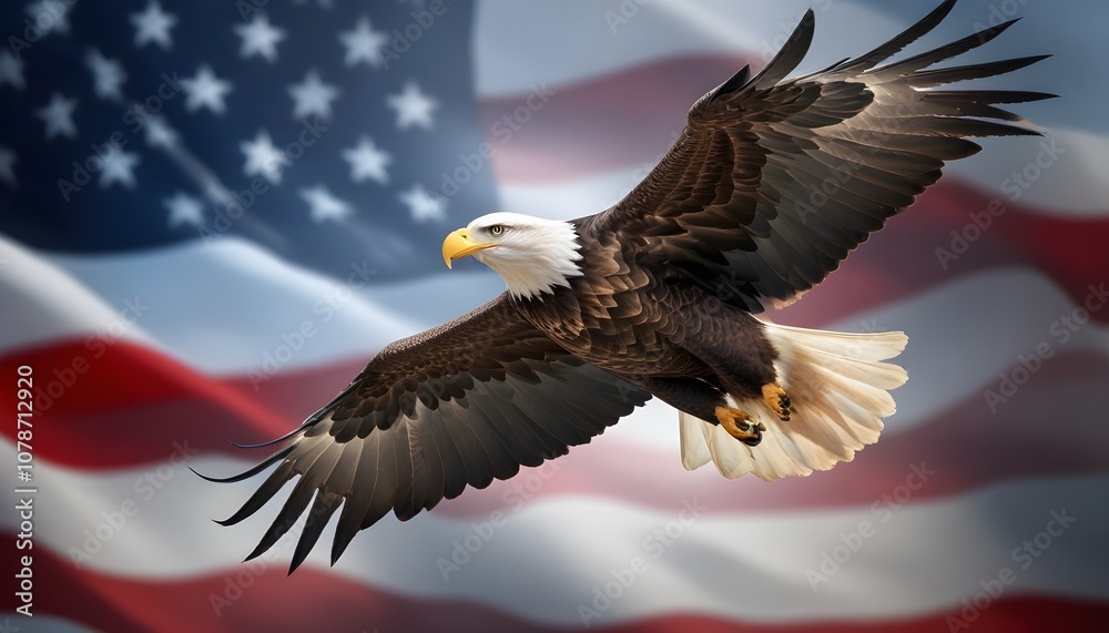 Obraz premium Bald eagle soaring in front of American flag, with wings spread and talons extended