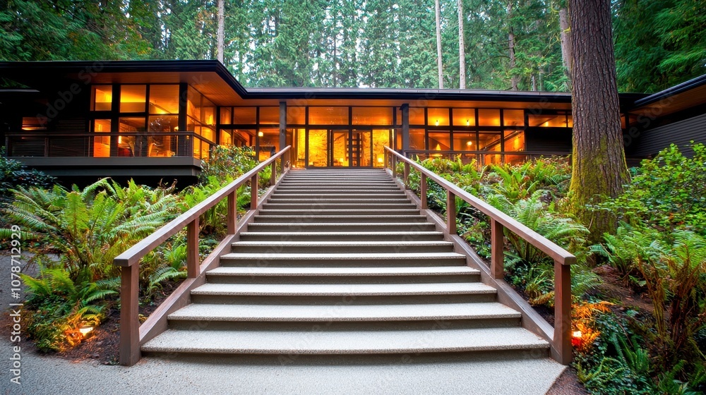 Modern house exterior with stairs surrounded by lush greenery and illuminated windows. Modern house exterior with stairs surrounded by lush greenery and illuminated windows.