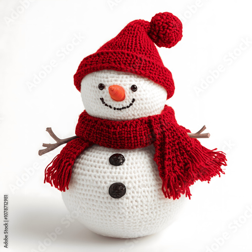 It's a snowman with a red hat and a red turtleneck, knitted