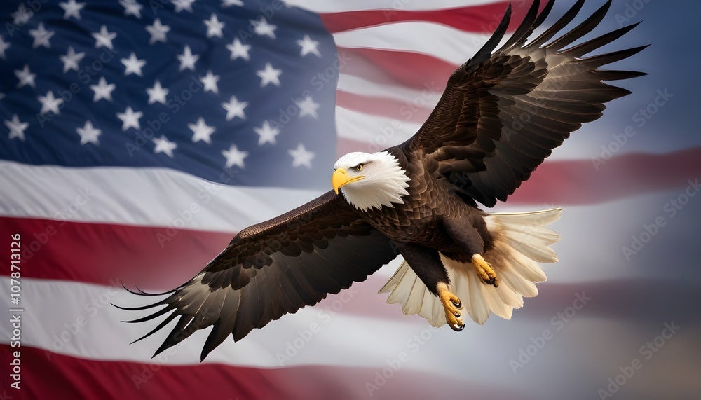 Naklejka premium Bald eagle soaring in front of American flag, with wings spread and talons extended