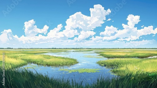 Lush green grass field with winding water and blue sky with clouds.