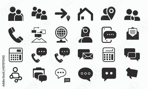 Business card contact information icon set. Containing name, address, location, mail, email, E-mail, chat speech bubble, website, telephone, cell phone, fax for app and website. Vector illustration