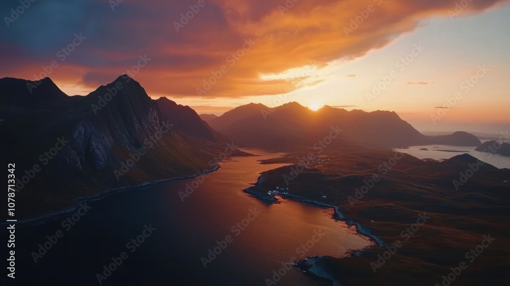 Dramatic sunset over a mountainous landscape with a winding river, creating a vibrant and colorful scene. Dramatic sunset over a mountainous landscape with a winding river, creating a vibrant and colorful scene.