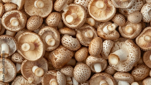 A close-up shot of a pile of fresh shiitake mushrooms.