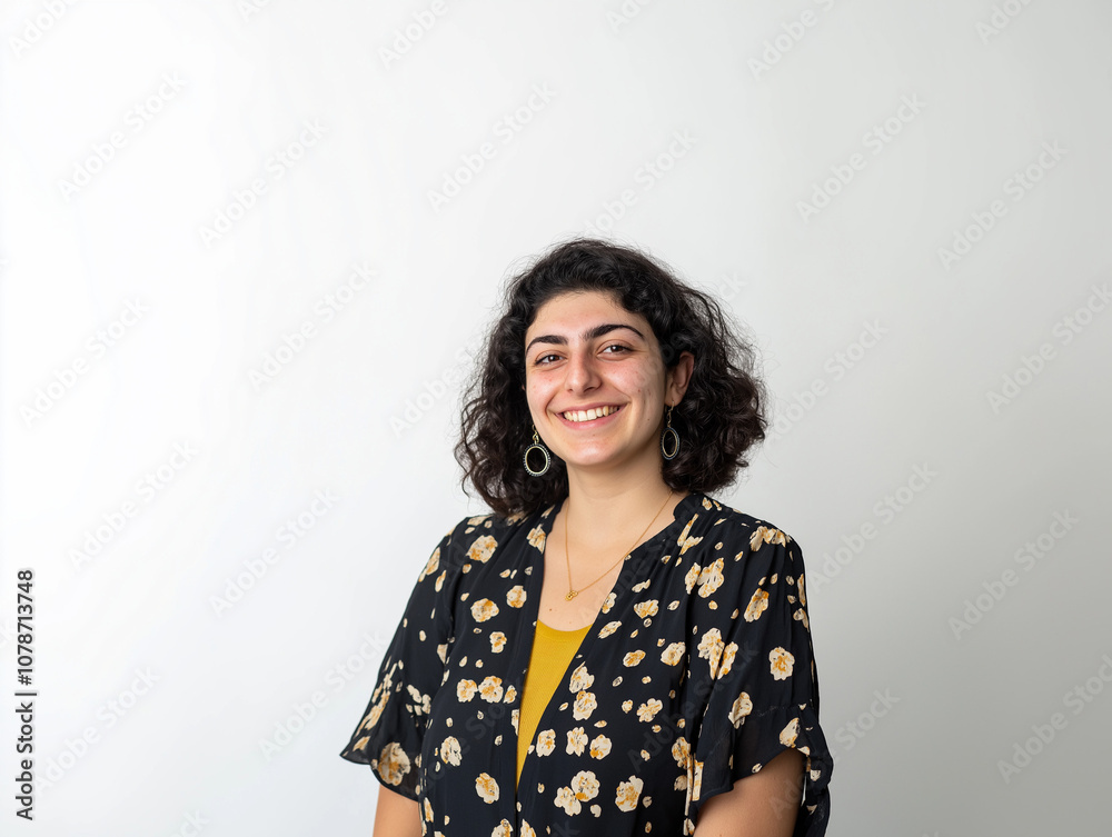  A portrait of a young, happy woman looking directly at the camera, set against a white background, perfect for portrait photography, lifestyle, or personal branding projects