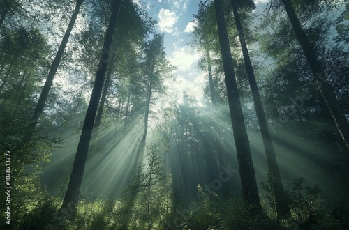 Sunbeams Through Tall Trees In Forest