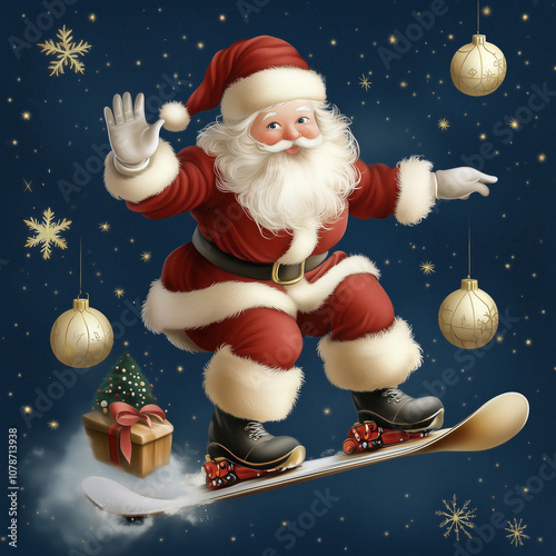 Classic Holiday Season Santa Claus on His Snowboard photo