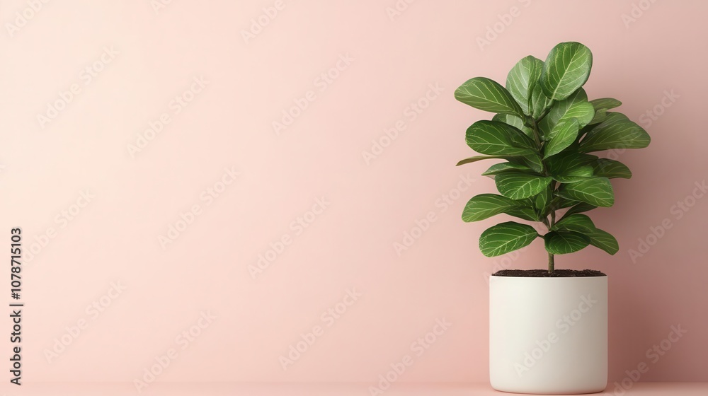 A vibrant green plant in a simple white pot against a soft pink wall, creating a warm and inviting atmosphere.