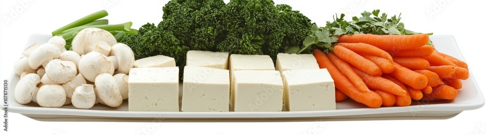 A platter of vegetables with carrots, white button mushrooms, and blocks of tofu	
