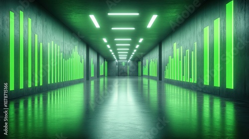 Futuristic green neon lights illuminate a long, narrow concrete corridor.